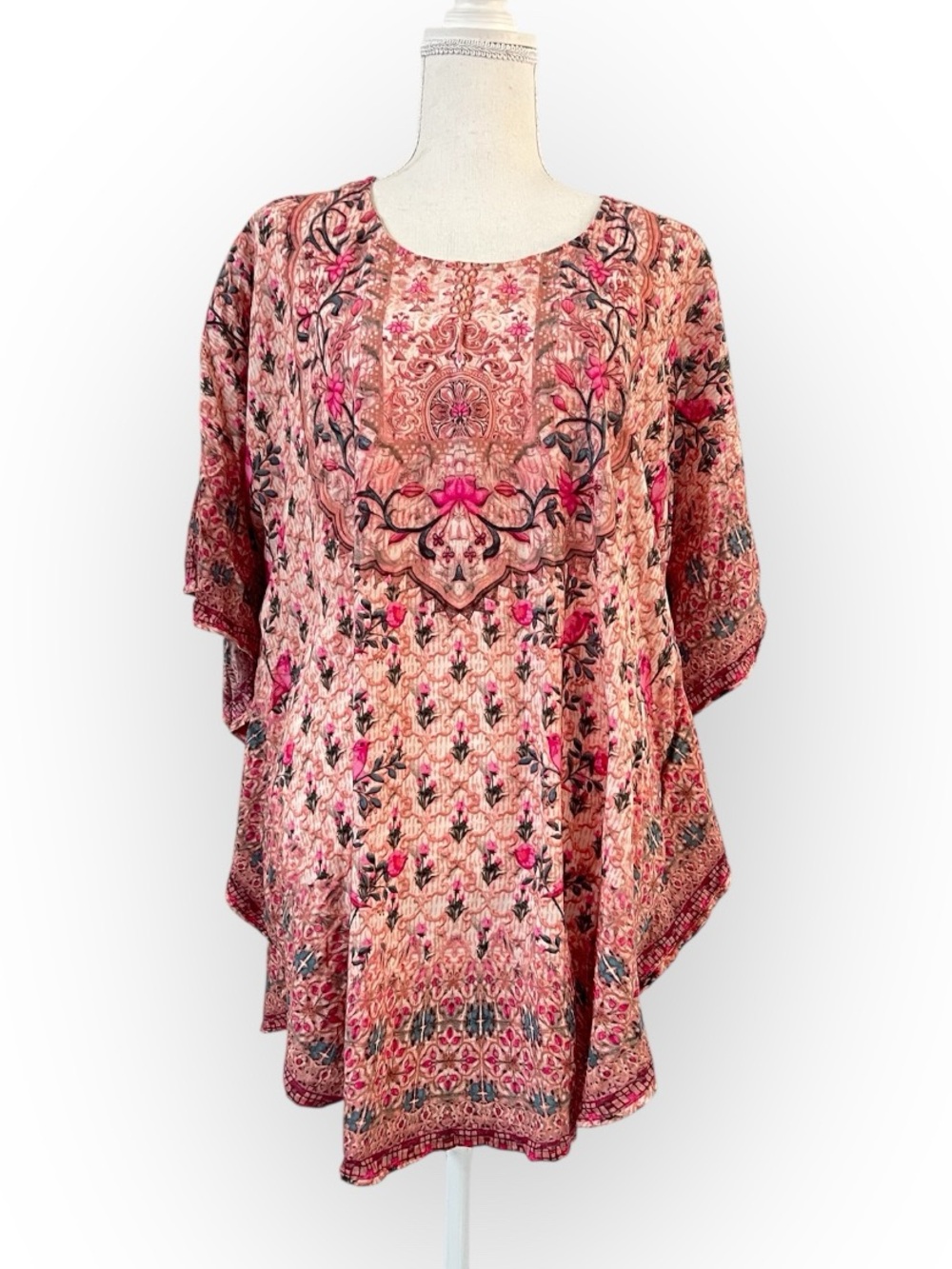 Tolani Pink Floral Bird Printed Draped Poncho Caftan Top M